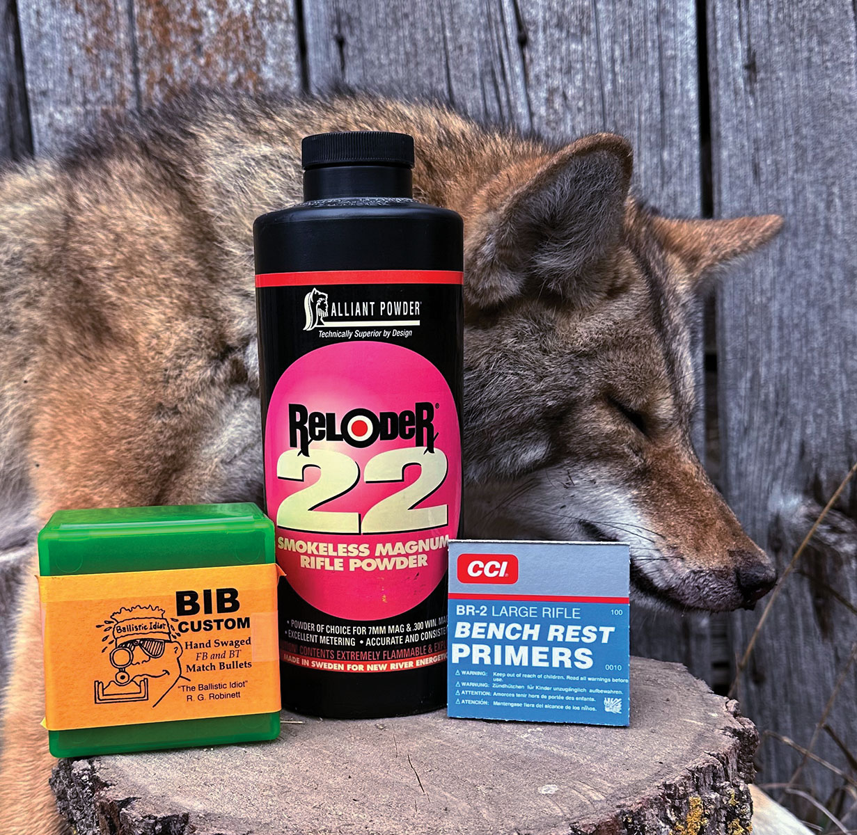 Components used for this season’s coyote hunts. Alternate powders will be tried to increase velocity without losing precision.